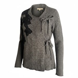 Anthropologie Moth Gray Wrap Sweater Small Black Lace Applique Tie Waist